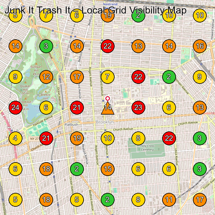 Junk It Trash It Garbage Collection Service GeoGrid ranking map for Brooklyn NY
